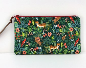 Tiger Purse - Jungle Print Pencil Pouch - Green Pouch - Rifle Paper Co Pouch - Notions Bag - Padded Zipper Pouch - Gift ideas