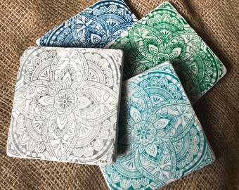 Boheme Coaster, Boho Coasters, Set of 4 White Marble Stone Coasters, Stone Coasters, Bohemian Coasters, White Elephant Gift, Absorbent Coast