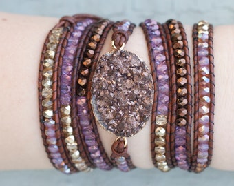 Gold, Purple & Brown Druzy Wrap Bracelet
