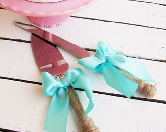 Cottage Chic Rustic Wedding Cake Server and Knife Set -Engraving Optional- WEDDING Table Settings - Select Colors To Match Your Theme