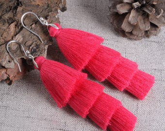 Four Layered Pink Tassel Earrings
