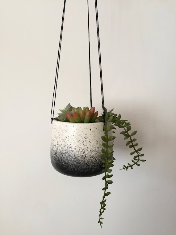 Small Ceramic planter-white and black - hanging flower pot - herb planter