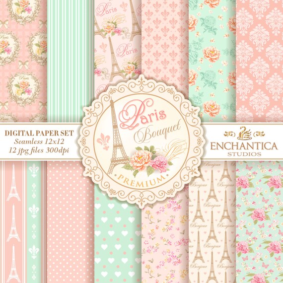 Paris Digital Papers Paper Background Vintage Floral Pattern Eiffel Tower Mint Pink Blush From Paris Digital Papers Paper Background Vintage Floral Pattern Eiffel Tower Mint Pink Blush From