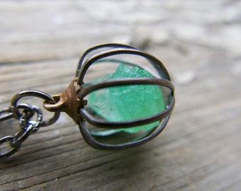 Raw Emerald Spring Crystal Green Necklace Gemini Sign Gift Jewelry Raw Birthstone May Gemstone Wife Push Present Gift Cage Pendant