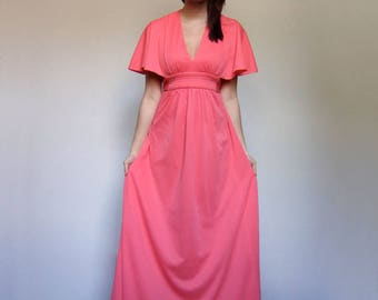 Boho Dress 70s Maxi Flutter Sleeve Long Dress 1970s Vintage Empire Waist Electric Bohemian Maxi - Extra Small to Small XS S
