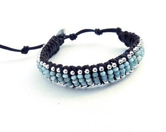 Adjustable handwoven larimar and sterling silver brown leather macrame bracelet