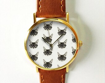 Hipster Cat Watch , Vintage Style Leather Watch, Women Watches, Unisex Watch, Boyfriend Watch, Men's Watch, Gray Purple