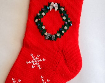 Hand-knitted Personalized Christmas Stockings - Christmas Wreath