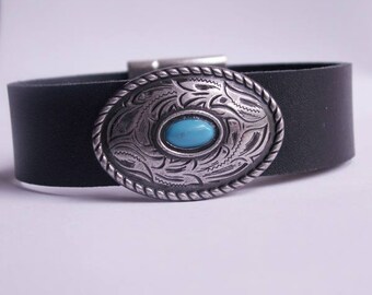 Black leather bracelet "Oval Concho with turquoise stone"