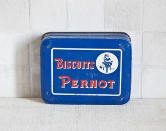 Vintage french tin "Biscuits Pernot" - Vintage french metal cake box - Retro kitchen metal canister - French Country style
