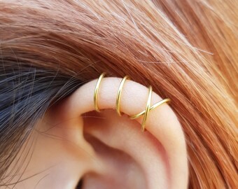22k gold Set of 2 Ear Cuffs, Ear Cuff, No Piercing Earcuff,Double Ear Cuff and Criss Cross Ear Cuff,Cartilage,Simple Ear Cuff,Fake Cartilage