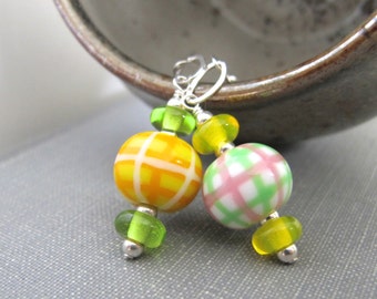 Silver Earrings, Plaid Glass, Glass Earrings, Plaid Earrings, Silver Chain, Orange Plaid, Green Plaid, Silver Jewelry, Lampwork Glass,