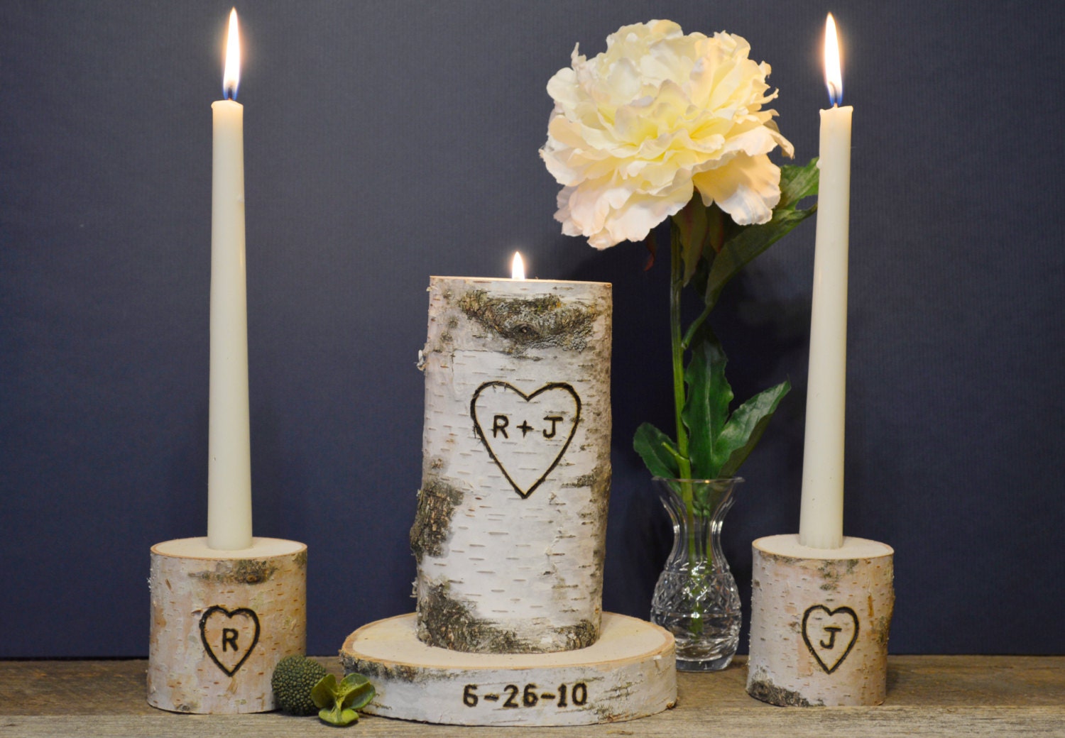 Personalized Unity Candle Set With Wedding Date Rustic Birch 3129