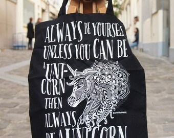 Tote Bag Black Unicorn Mandala