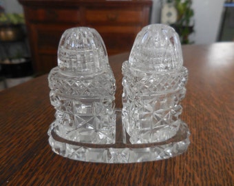 Vintage 1940s to 1960s Tiny Crystal Made in Czechoslovakia Salt and Pepper Shakers With Tray Little Small