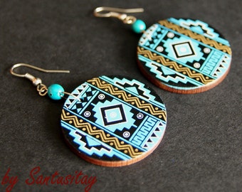 Hand painted on coconut Earrings hand crafted boho folk hippy crafted ethnic geometric triangle blue turquoise natural jewlery gift