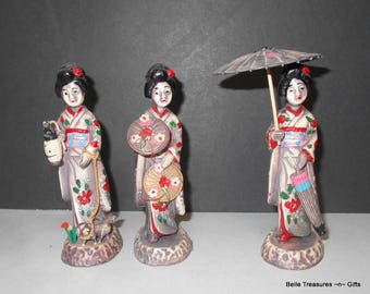 3 Vintage Asian Women Hard Plastic Figurines Circa 1950's or 60's