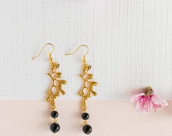 Cleopatra Beaded Gold and Black Dangle Drop Earrings.