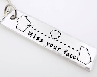 Custom State Country Miss your face Long Distance Relationship Love family best friend going away gift state to state USA keychain her him