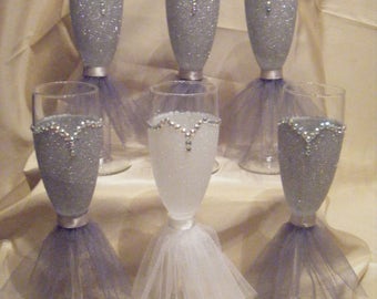 Bride and Bridesmaid Glittered Champage Flutes