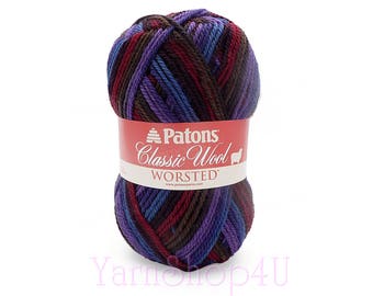 PALAIS VARIEGATED Yarn Patons Classic Wool. Multi Color Yarn. Blue Purple Red Brown Mixed colors. 100% Pure New Wool. Feltable 3.5oz 100g ±
