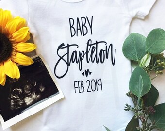 Personalized Last Name Baby Announcement Onesie® / Bodysuit / Pregnancy Announcement Onesie®/Pregnancy Reveal/Expecting/Maternity Photo Prop