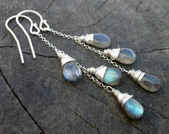 Labradorite Earrings Silver 925 Long Dangle Earrings Green Blue Crystal Jewelry Gemstone Earrings Bridal Earrings Mothers day Gift For Women