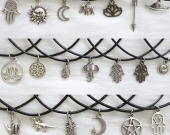 Boho Charm Choker Necklace - Leather Choker - Suede Choker - Elephant Choker - Hamsa Choker - Black Choker - 90s Choker