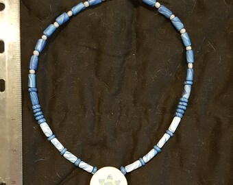 Handmade clay bead necklace blue and white star pendant