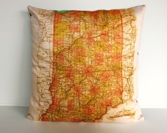 Vintage map print pillow / INDIANA state organic cotton map cushion cover, 16 inch 41 cms pillow 16x16