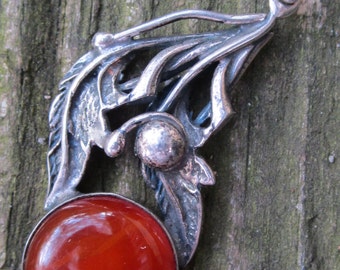 Vintage Art Deco Berry Branch Leaf Pendant Orange Stone