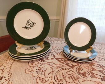 Homer Laughlin 4 teal rim sailboat center dinner plates & 4 salad plates restaurant ware GC
