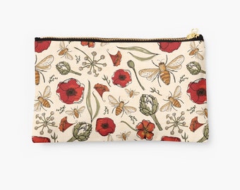 Bee Zip Pouch, Make Up Bag, Pencil Case, Clutch Bag, nature, floral, flower, poppies, nature