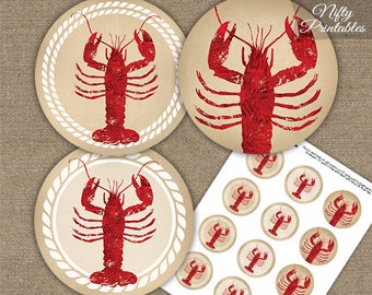 Lobster Party Circles Cupcake Toppers - Printable Lobster Boil or Bake Decorations - Nautical Seafood Lobster Dinner Decorations LOB1
