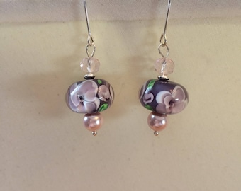 Purple and Pink Lampwork Earrings on Sterling Silver Findings One of a Kind