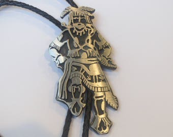 Large Silver Tone Kachina Dancer God Bolo Tie IC Lot H