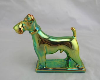 Zsolnay Eosin Standing Fox Terrier Dog Figurine, Iridescent Green, Hungarian