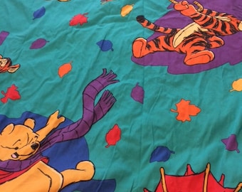 Vintage Winnie the Pooh Turquoise Umbrella Leaves Twin Sheet Set Flat Fitted Pillowcase Fabric