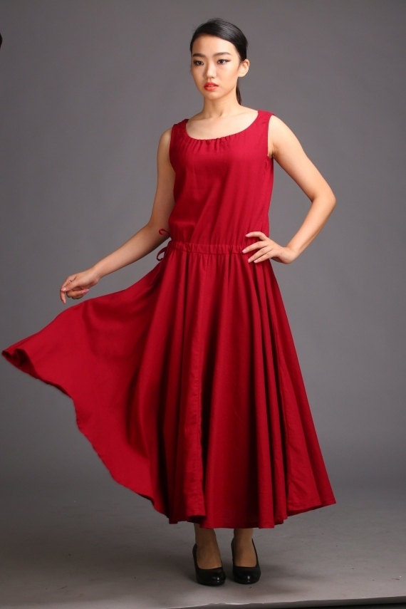 Full length pleated linen dress red maxi dress sleeveless big