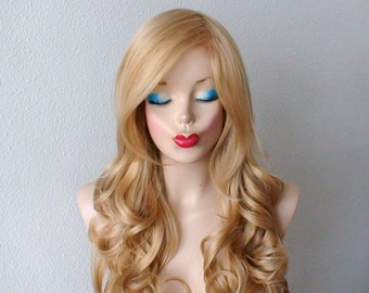 Blonde wig. Lace front wig. Golden blonde Long curly hairstyle long side bangs heat resistant synthetic wig for daytime use or Cosplay