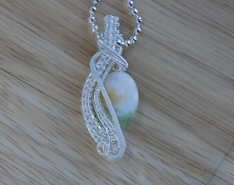 Green Fluorite with Quartz Oval Weave Pendant Wire Wrapped Sterling Silver Wire Pendant Wire Wrapped Jewelry Handmade Crystal Healing Amulet