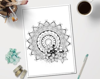 Mandala Coloring Page For Adults Instant Download Printable Flower To Color Grown Ups Intricate Hand Drawn PDF