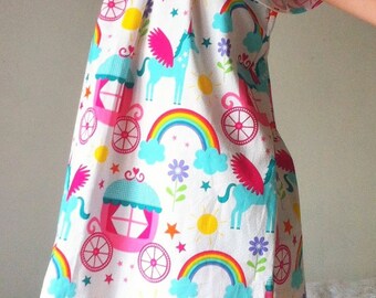 Unicorns, girls dresses, babies dress, handmade, todder, Peasant style dress, kids, pattern, rainbows, castles, fairytale, princesses, girl