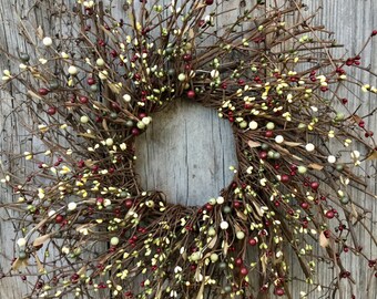 Twig Wreath with Red and Green Pip Berries, Pip Berry Wreath, Christmas Wreath, Winter Wreath, Primitive Wreath, Country Wreath, Free Ship