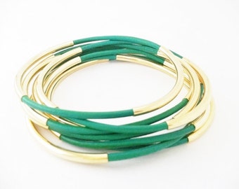 Emerald Green Leather Bangle Bracelets with Double Gold or Silver Tube Accents, Tube Bangles, Tube Bracelets, Stacking Bracelets, Girl Gift