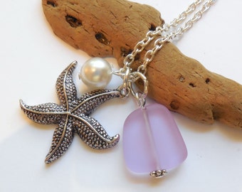 Light Purple Sea Glass Necklace, Charm necklace, Pearl, Starfish Necklace, bridesmaid necklace, beach wedding. FREE SHIPPING within the U.S.