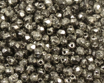 4MM ANTIQUE CHROME Fire Polish Beads - Czech Faceted Round Beads - Antique Chrome Glass Beads - 50 Beads