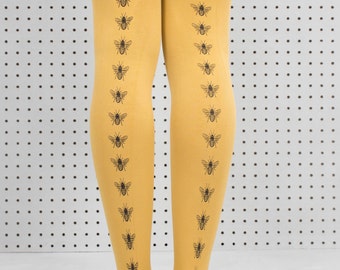 Hand Screen Printed Mustard Bee Tights. Gift for her. Bee print. Mustard Tights. Yellow Tights. Patterned Tights. Print.