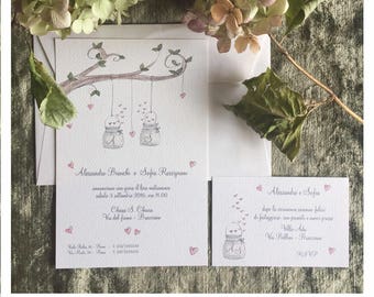Handmade participations-tree with early lanterns and hearts-watercolor/watercolor-romantic hearts with or without aromatic herbs