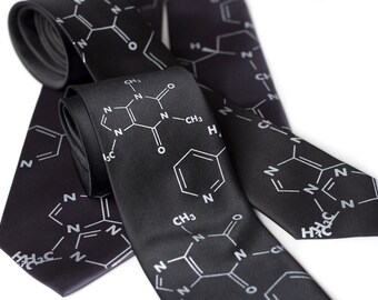 Coffee and Cigarettes silkscreen microfiber necktie. (Caffeine and Nicotine molecule tie). Silver ink.